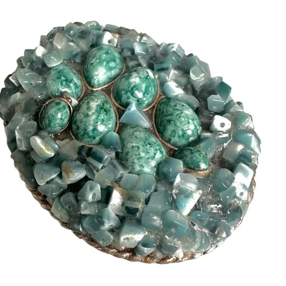 Vintage Mosaic Stone Belt Buckle – Teal Dyed Magnesite/Howlite + Cat’s-Eye Glass